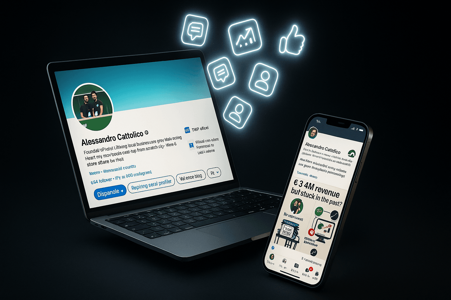 Laptop e smartphone che mostrano profili LinkedIn con icone neon fluttuanti